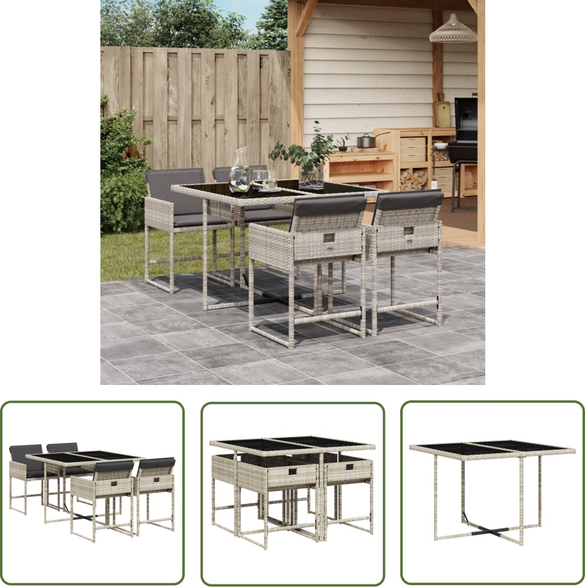 Lichtgrijze poly rattan tuinset met kussens voor buiten - The Living Store.