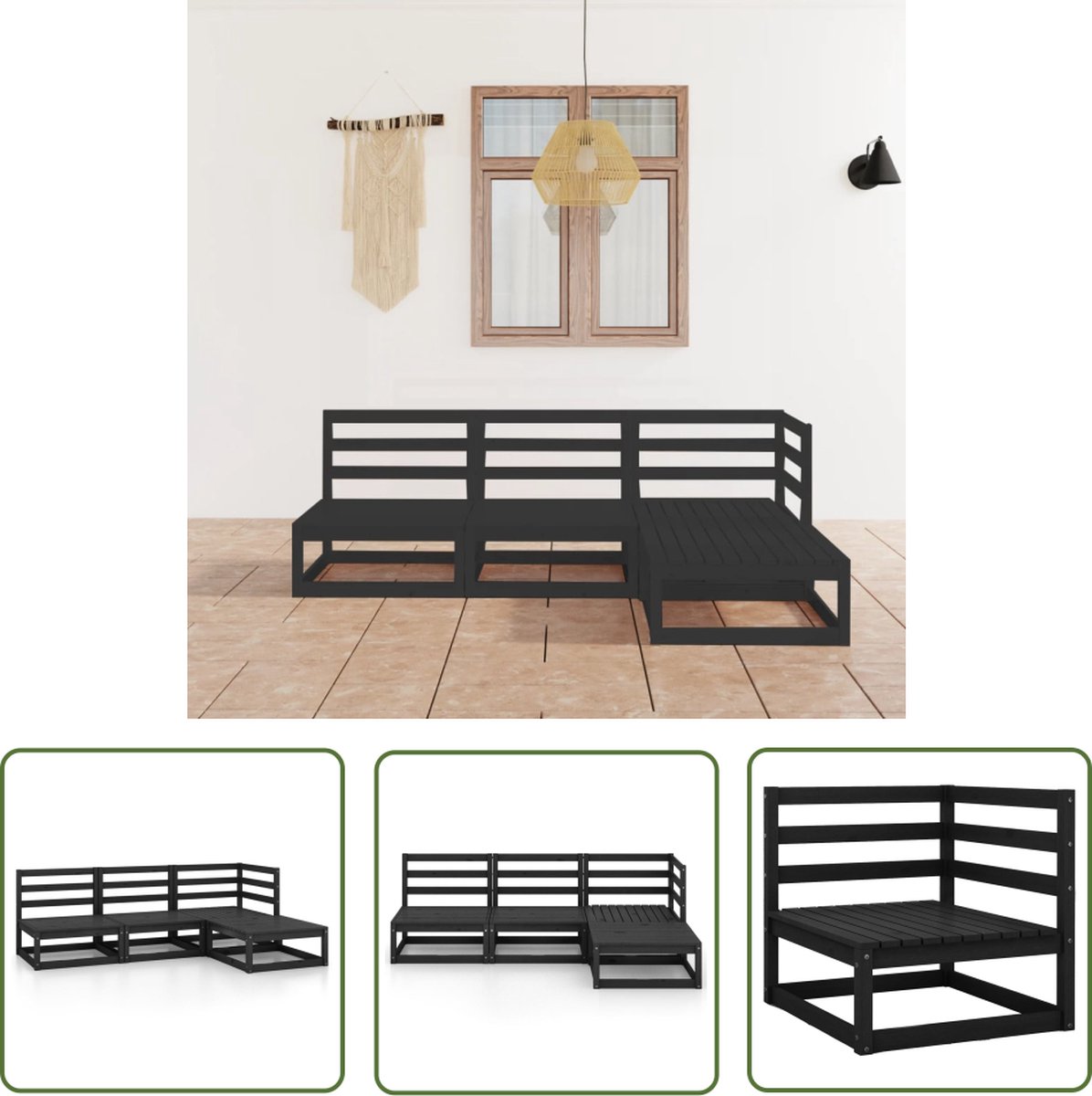 The Living Store 4-delige Loungeset massief grenenhout zwart - Loungestoel - Tuinset - Houten Lounge - Buitendecor - Terrasdecor