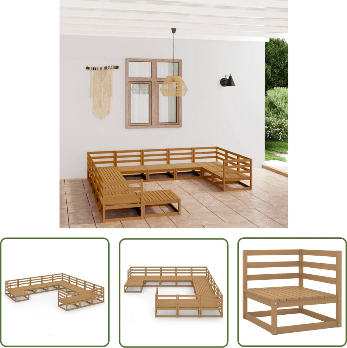 The Living Store 12-delige Loungeset massief grenenhout - Tuinset - Lounge Set - Houten Bank - Balkon Meubel - Tuinstoel