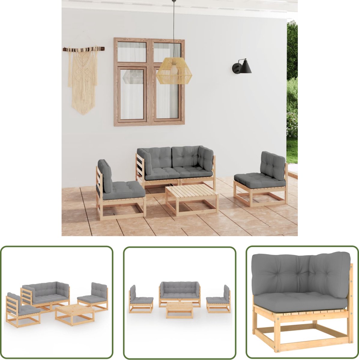 The Living Store 5-delige Loungeset met kussens massief grenenhout - Tuinmeubles - Loungestoel - Buitenleven - Houten Bank - Balkon Meubel