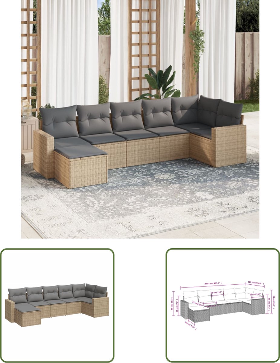 The Living Store 7-delige Loungeset met kussens poly rattan beige - Loungebank - Lounge Set - Tuinset - Buitendecoratie - Tuinlounge