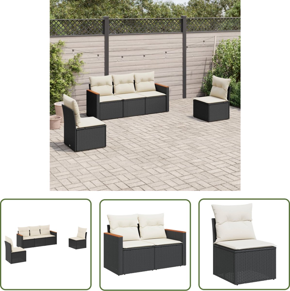 The Living Store 5-delige Loungeset met kussens poly rattan zwart - Loungeset - Tuinset - Tuinmeubels - Lounge Set - Zwarte Loungestoel