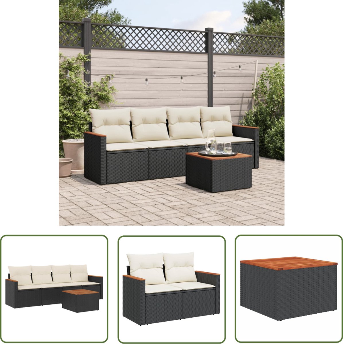 The Living Store 5-delige Loungeset met kussens poly rattan zwart - Loungeset - Lounge Set - Tuinlounge - Outdoor Furniture - Tuinmeubels
