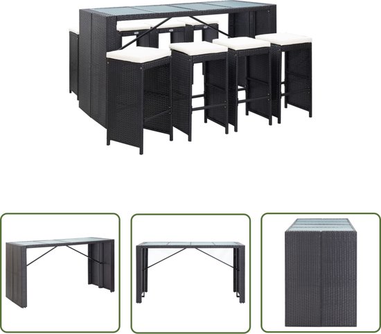 The Living Store Bar de Jardin Poly Rotin - 200x80x110 cm - Zwart/ Blanc Crème - Rotin PE - Glas et Acier Enduit de Poudre