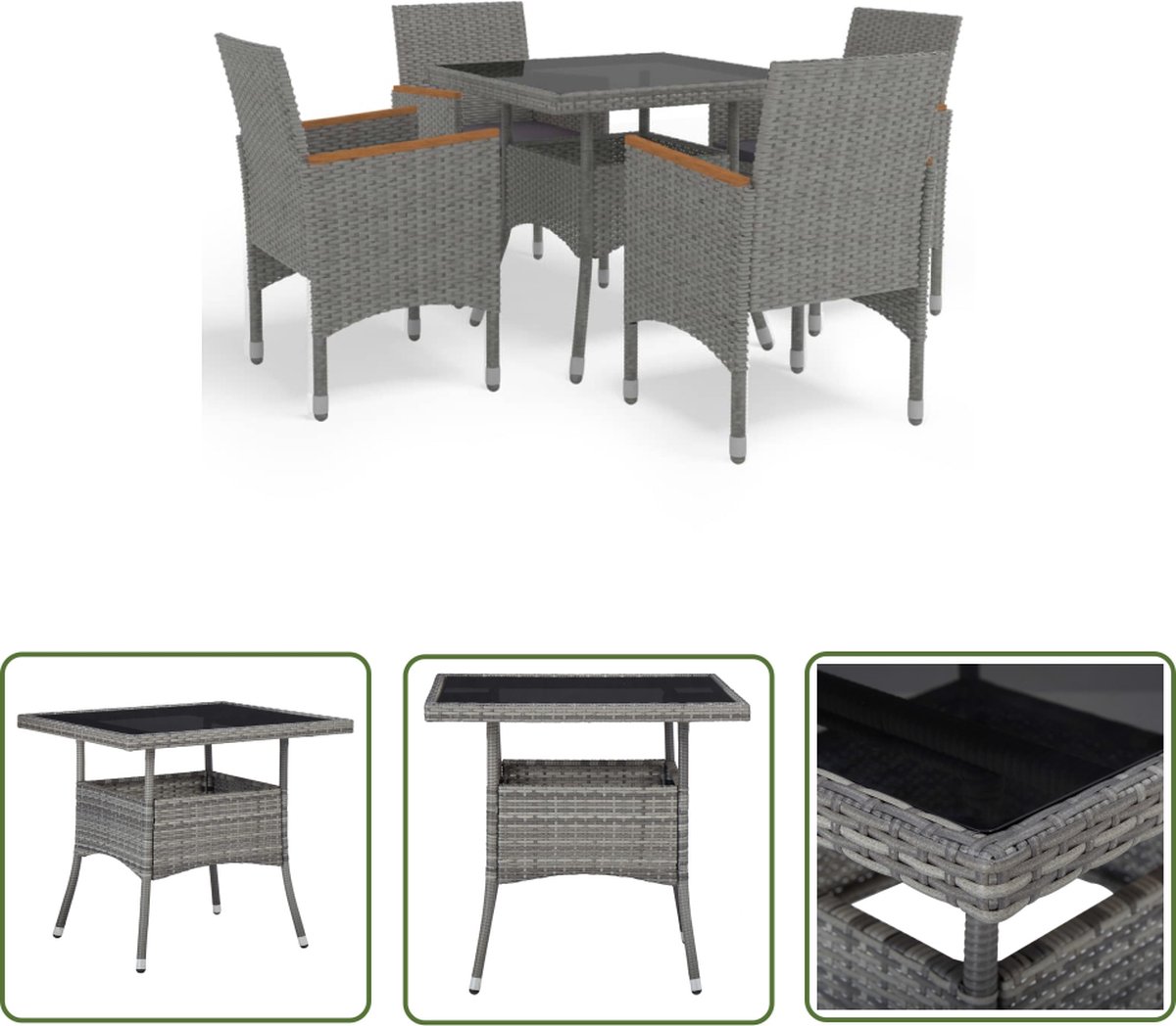 The Living Store 5-delige Tuinset poly rattan en acaciahout grijs - Eetkamerset - Tuinset - Buitendecoratie - Lounge Set - Acacia Houten Meubels