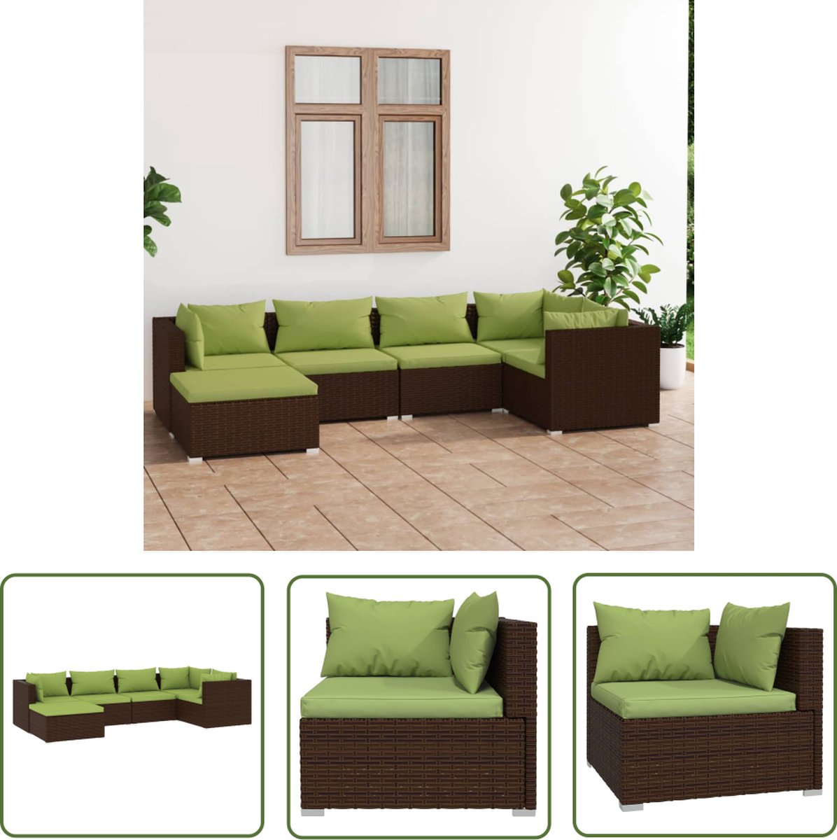 The Living Store 6-delige Loungeset met kussens poly rattan bruin - Tuinmeubles - Lounge Set - Poly Rattan - Buitendecoratie - Loungestoel