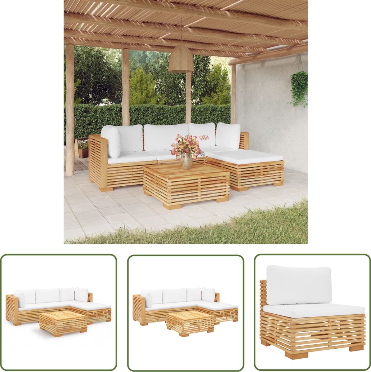 The Living Store 5-delige Loungeset met kussens massief teakhout - Loungebank - Teak Meubel - Tuinset - Buitendecor - Lounge Stoel