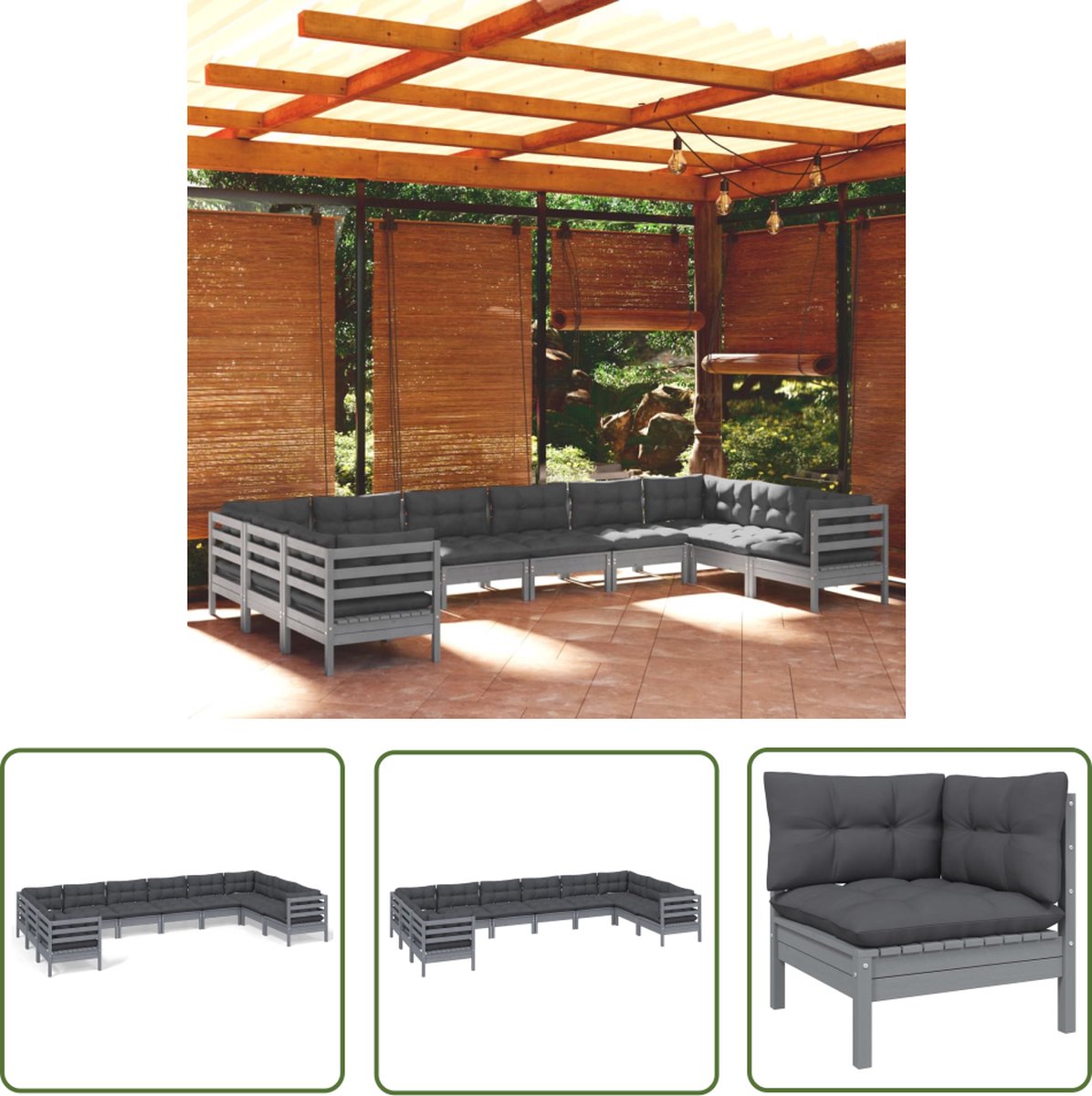The Living Store 10-delige Loungeset met kussens grenenhout grijs - Loungeset - Tuinmeubels - Houten Lounge Set - Loungebank - Terrasmeubilair