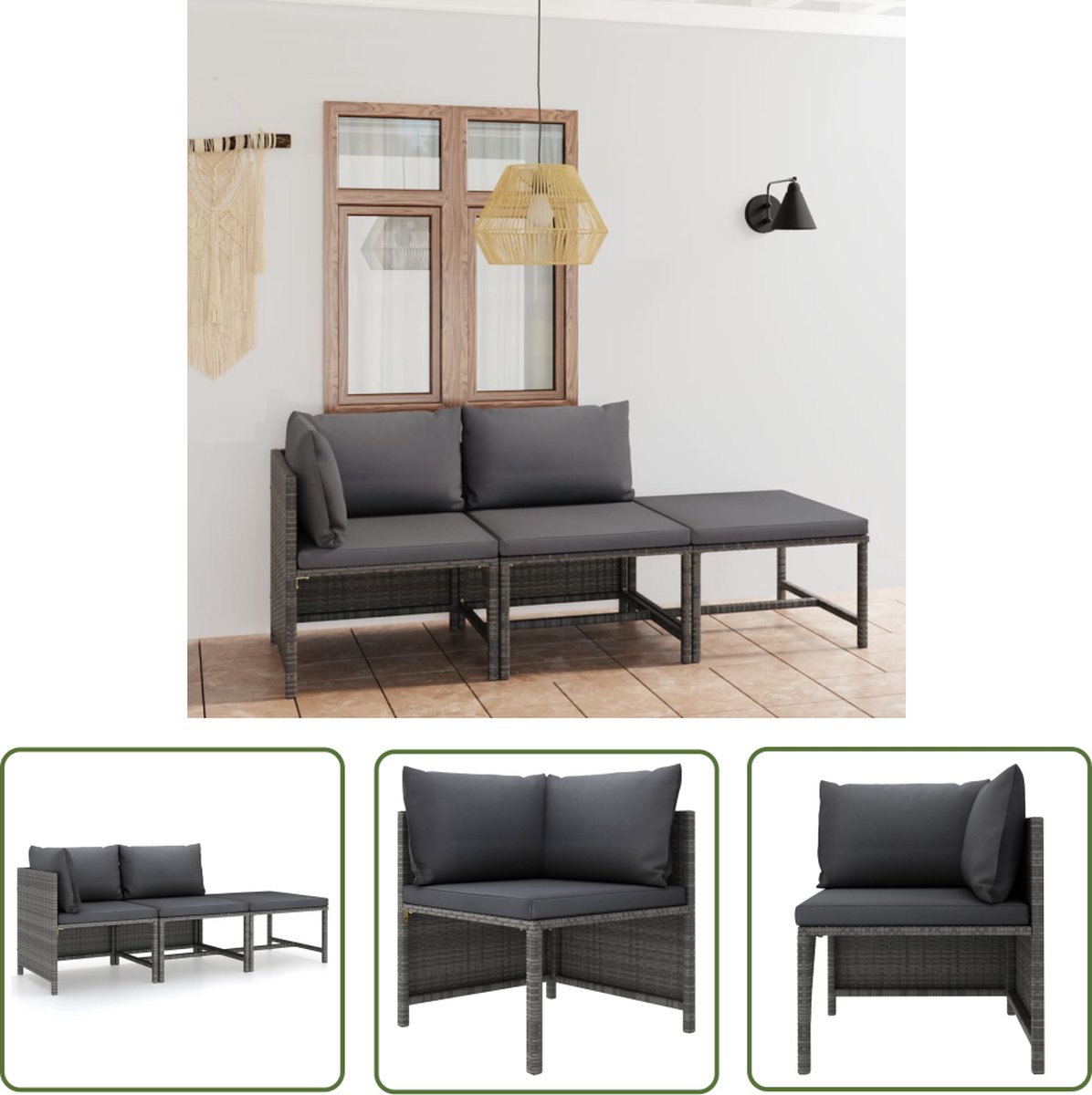 The Living Store 3-delige Loungeset met kussens poly rattan grijs - Loungeset - Tuinset - Outdoor Meubels - Patio Set - Garden Furniture