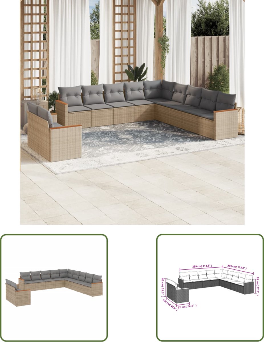 11-delige tuinset met beige poly rattan kussens - luxueus en stijlvol loungemeubel.