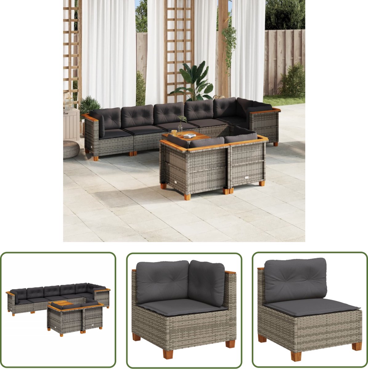 Moderne 9-delige poly rattan loungeset in grijs met kussens.