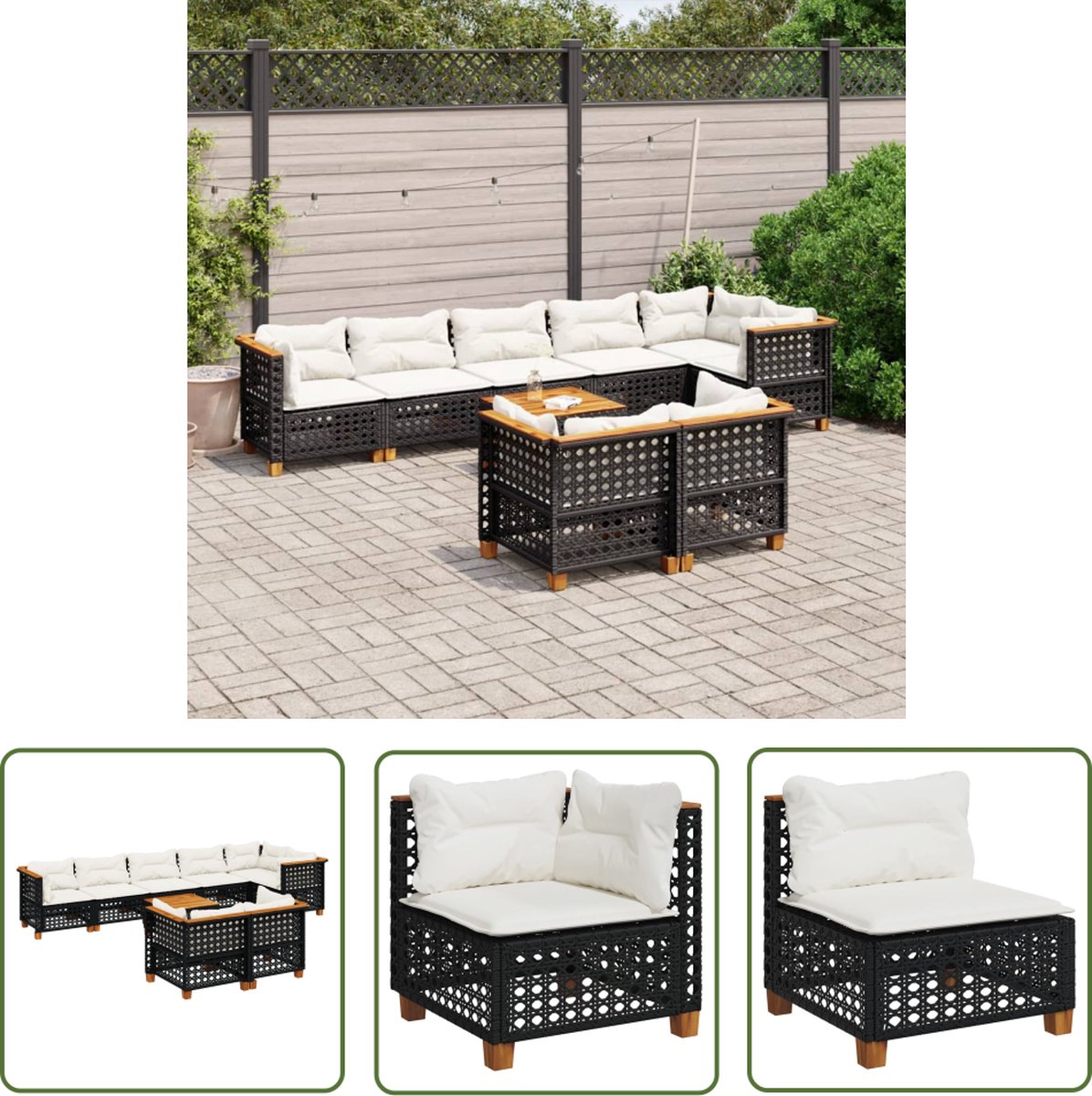 The Living Store 9-delige Loungeset met kussens poly rattan zwart - Loungeset - Tuinmeubels - Lounge Set - PE-rattan - Acacia Hout