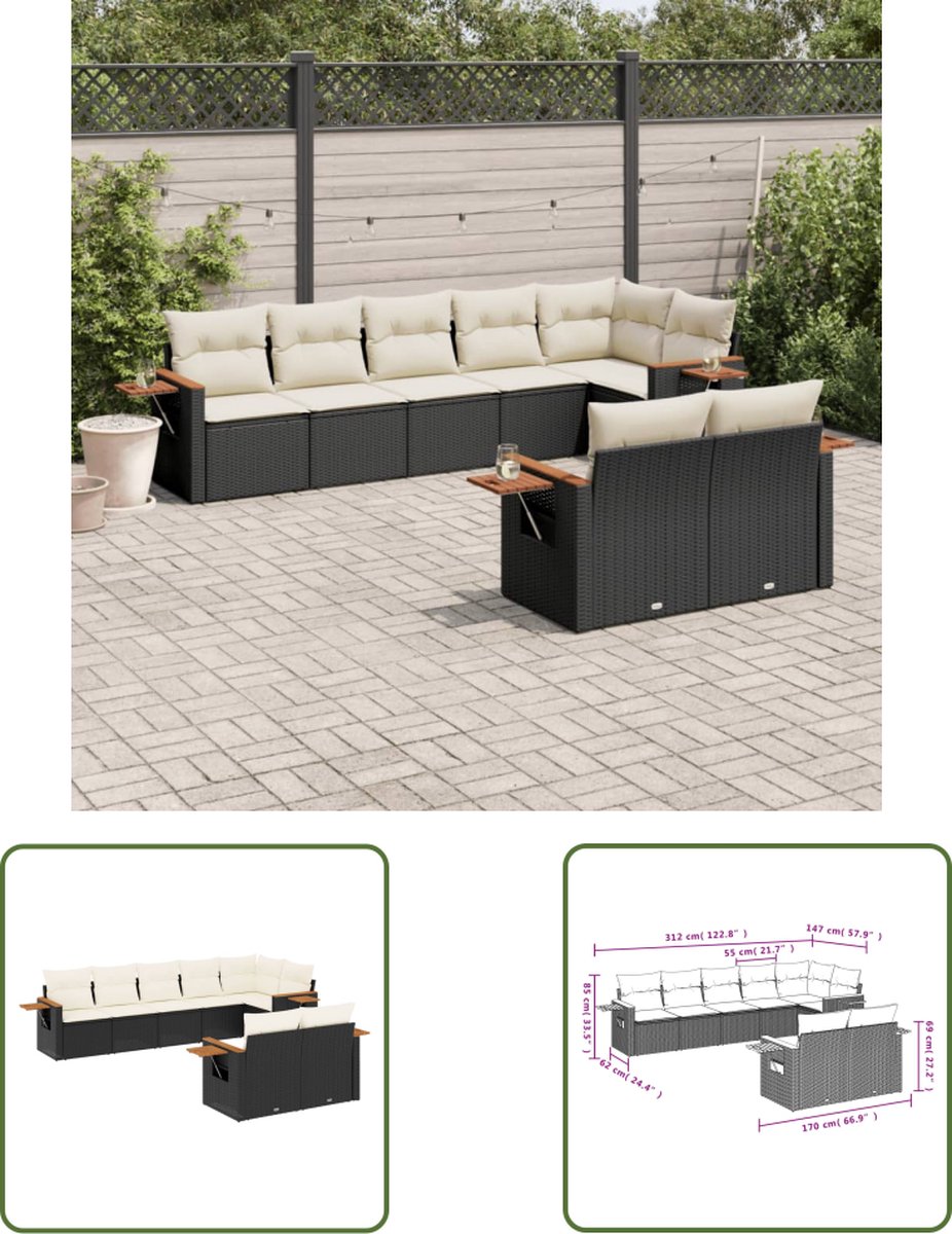 The Living Store 8-delige Loungeset met kussens poly rattan zwart - Loungeset - Tuinset - Lounge Set - Tuinmeubels - Pe Rattan