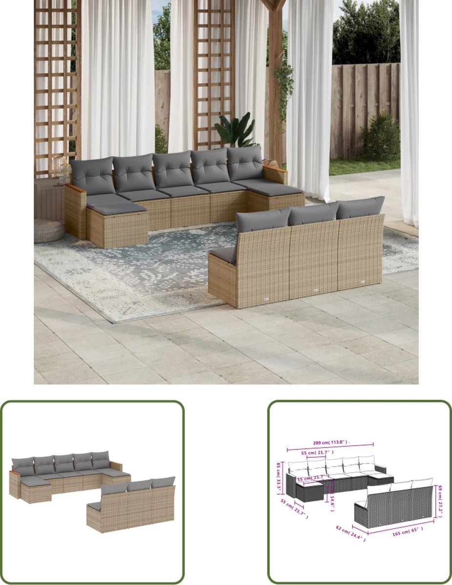 The Living Store 10-delige Loungeset met kussens poly rattan beige - Loungeset - Lounge Set - Tuinmeubels - Buitendecoratie - Pe Rattan