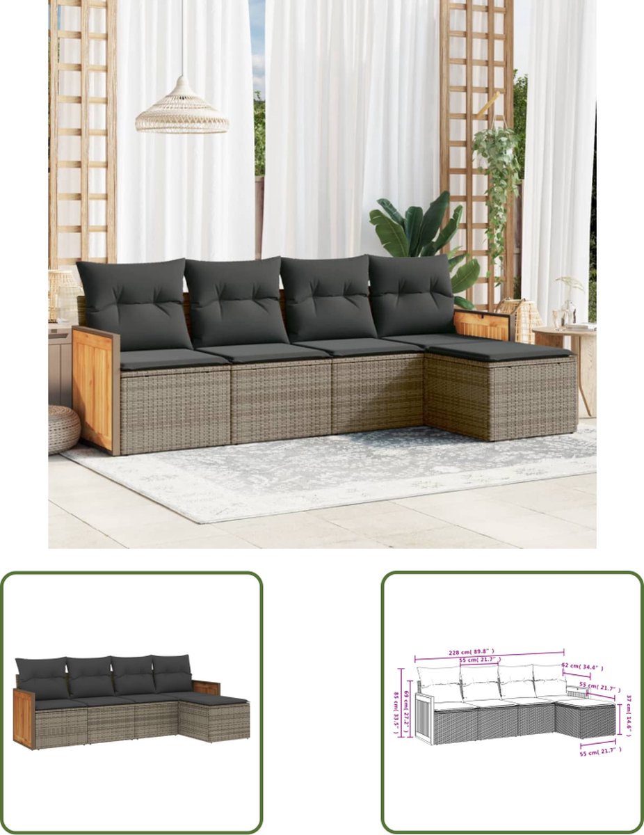 The Living Store 5-delige Loungeset met kussens poly rattan grijs - Loungeset - Tuinmeubels - Lounge Set - Buitendecoratie - Outdoor Furniture
