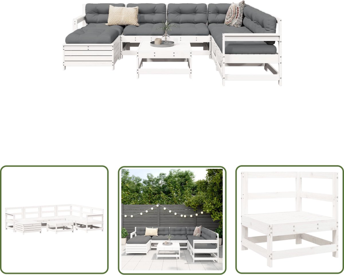 The Living Store 8-delige Loungeset massief grenenhout wit - Loungebank - Lounge Set - Tuinmeubels - Buitendrank - Teak Hout