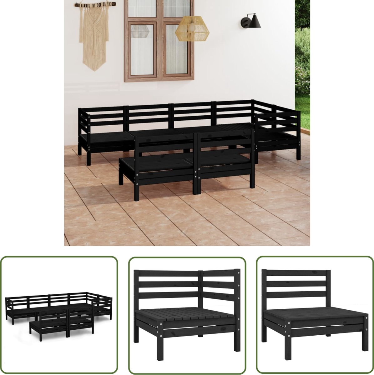 The Living Store 7-delige Loungeset massief grenenhout zwart - Tuinmeubles - Lounge Set - Buitenmeubilair - Hout - Grenenhout