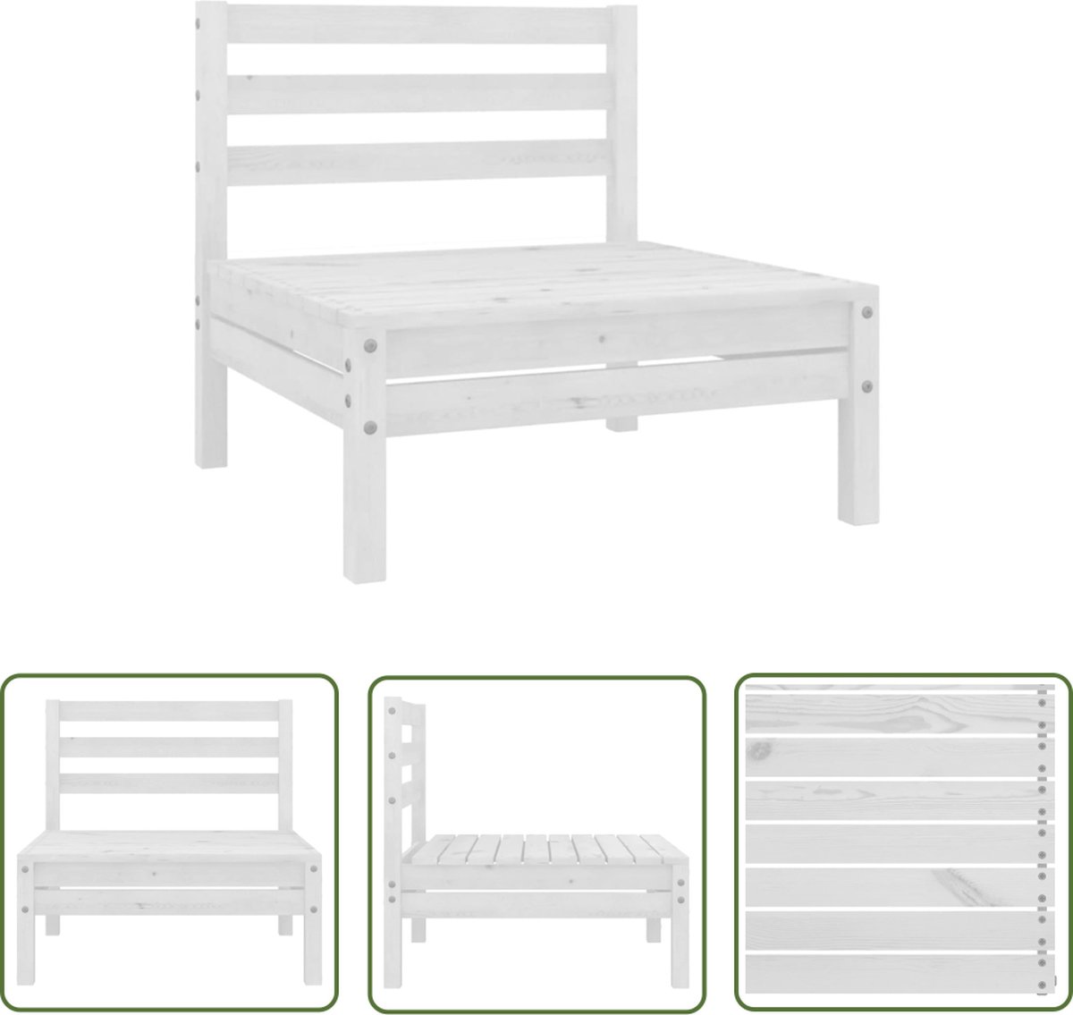 Massief grenenhouten witte tuinbank met loungeset en bijzettafel.