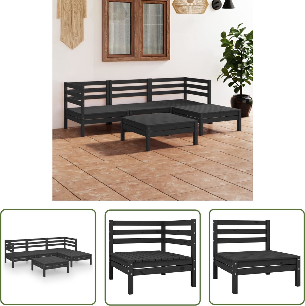Zwarte massief grenenhouten loungeset van The Living Store - Tuinmeubilair.