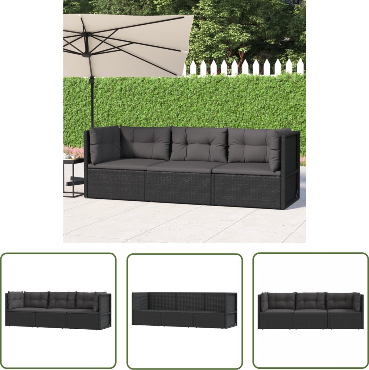 Zwarte poly rattan loungeset met kussens en lounge stoel.