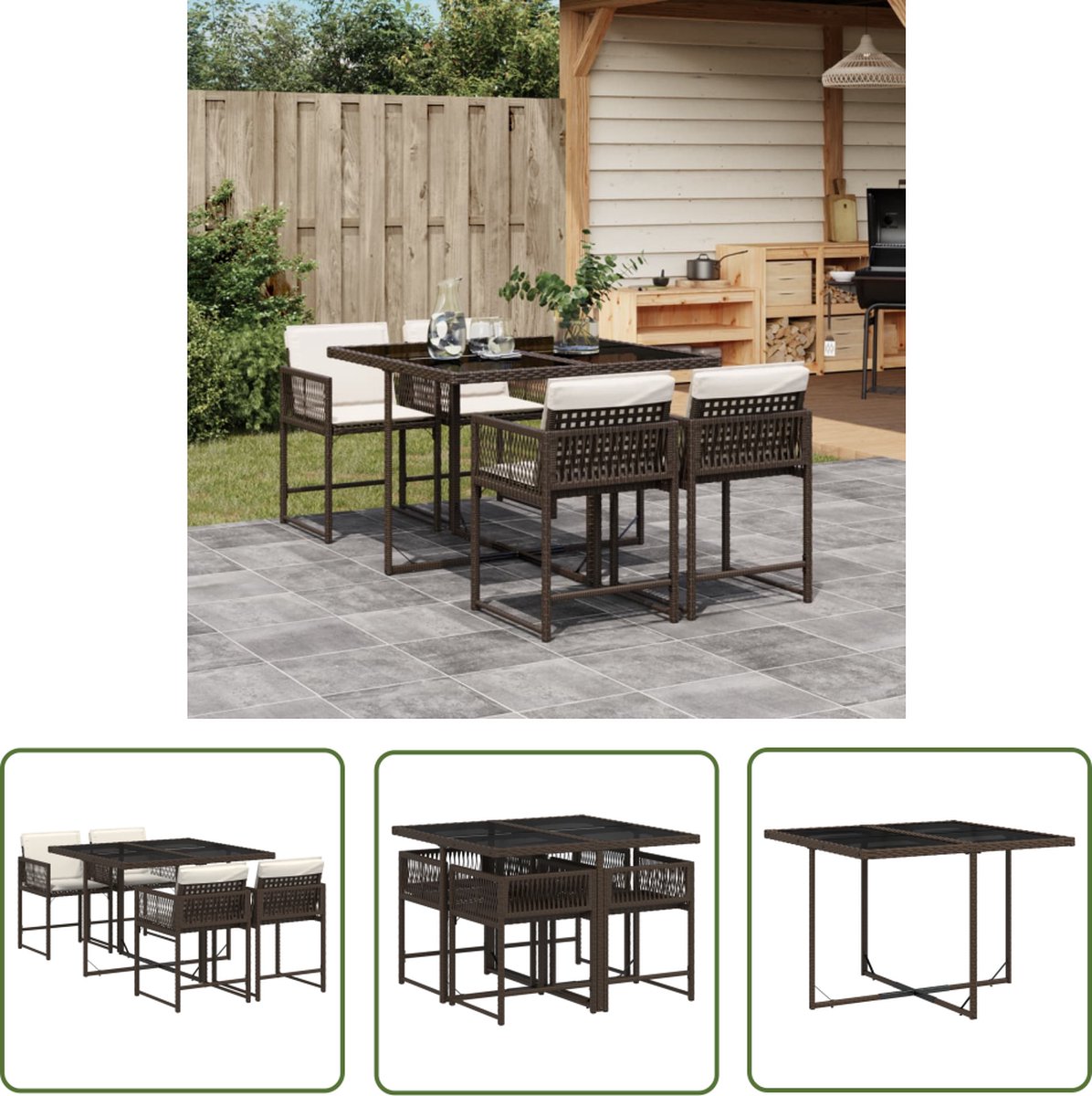 The Living Store 5-delige Tuinset met kussens poly rattan bruin - Tuinmeubles - Lounge Set - Buitenshuis Dineren - Patio Furniture - Garden Dining Set