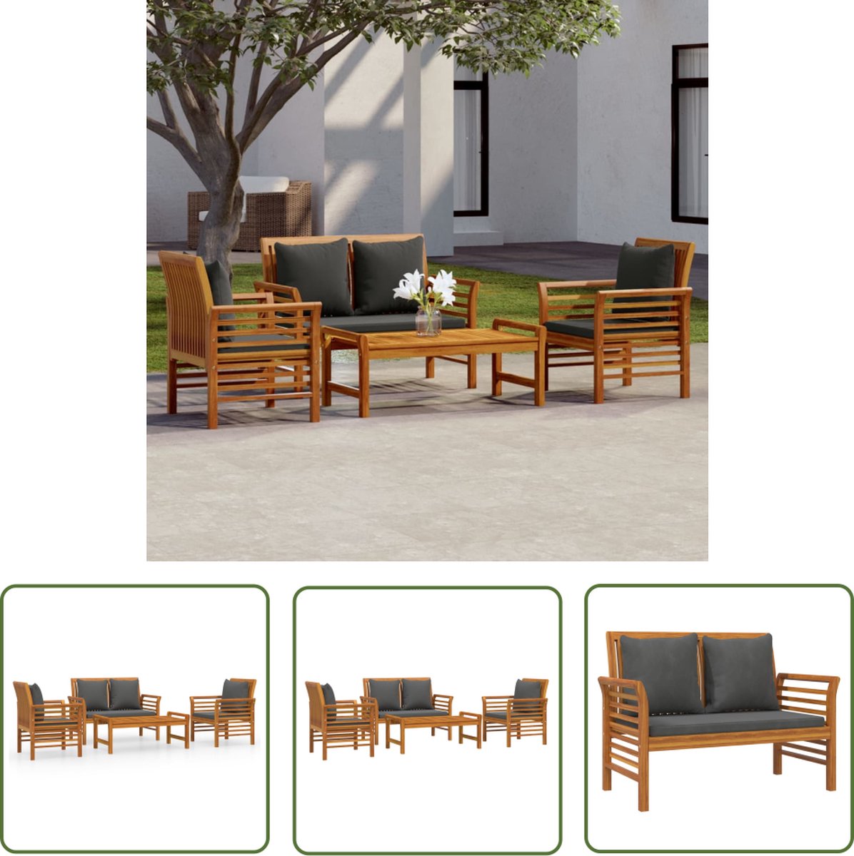 The Living Store 4-delige Loungeset met kussens massief acaciahout - Tuin Set - Acacia Hout - Lounge Set - Buitendecoratie - Terrasdecoratie