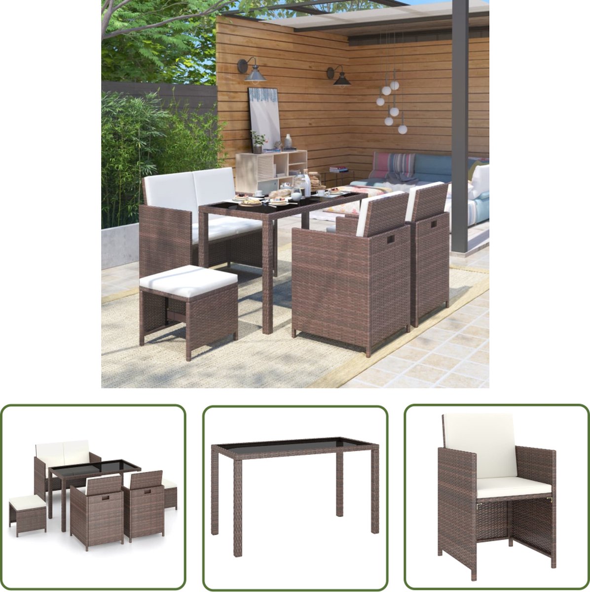 Poly rattan bruine tuinset met kussens - Eetkamer- en lounge set.