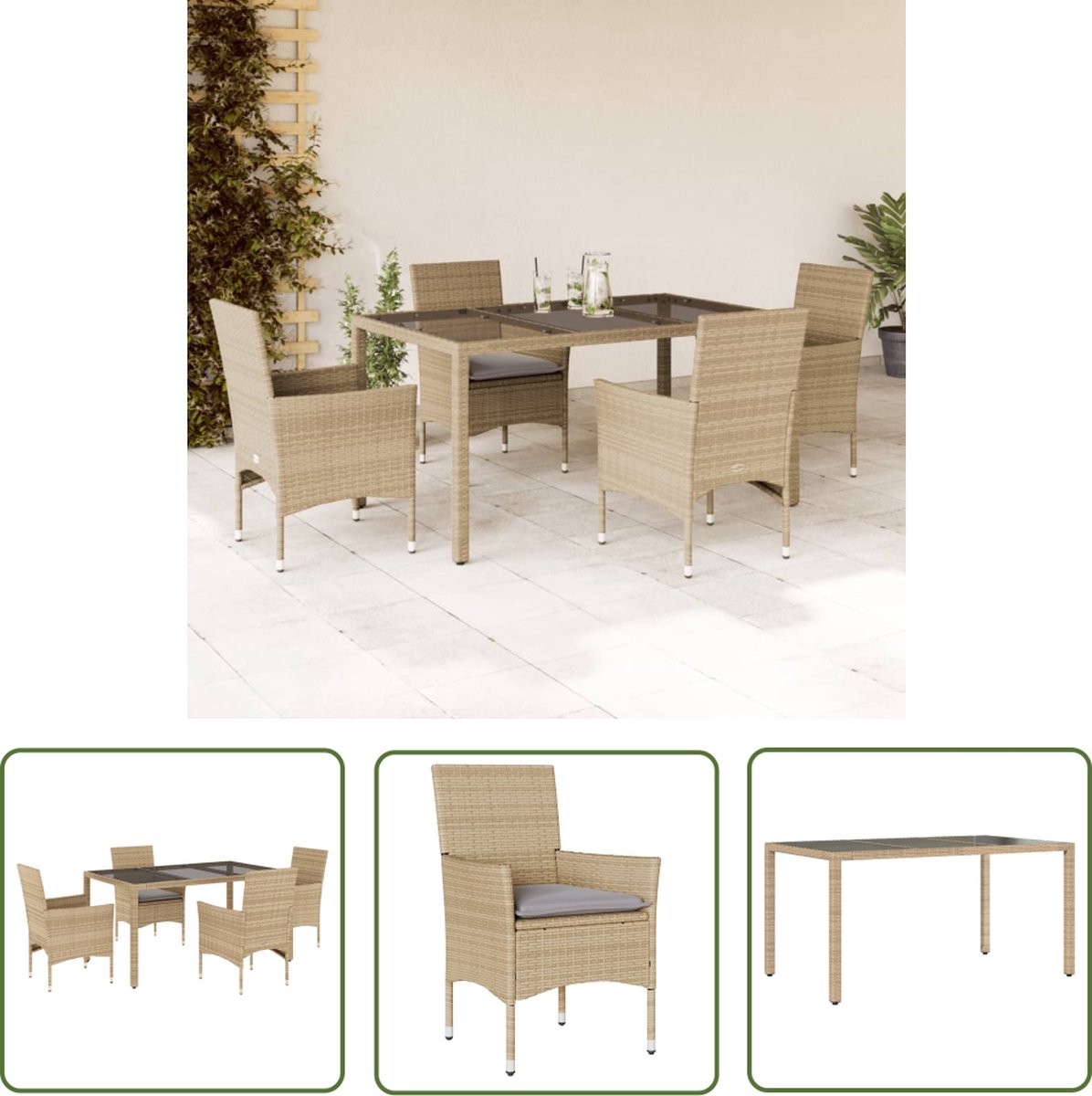The Living Store 5-delige Tuinset met kussens poly rattan en glas beige - Tuinset - Lounge Set - Buis Meubel - Outdoor Furniture - Patio Set