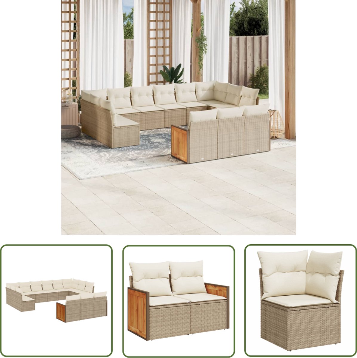 Moderne beige loungeset van poly rattan met kussens voor buiten.