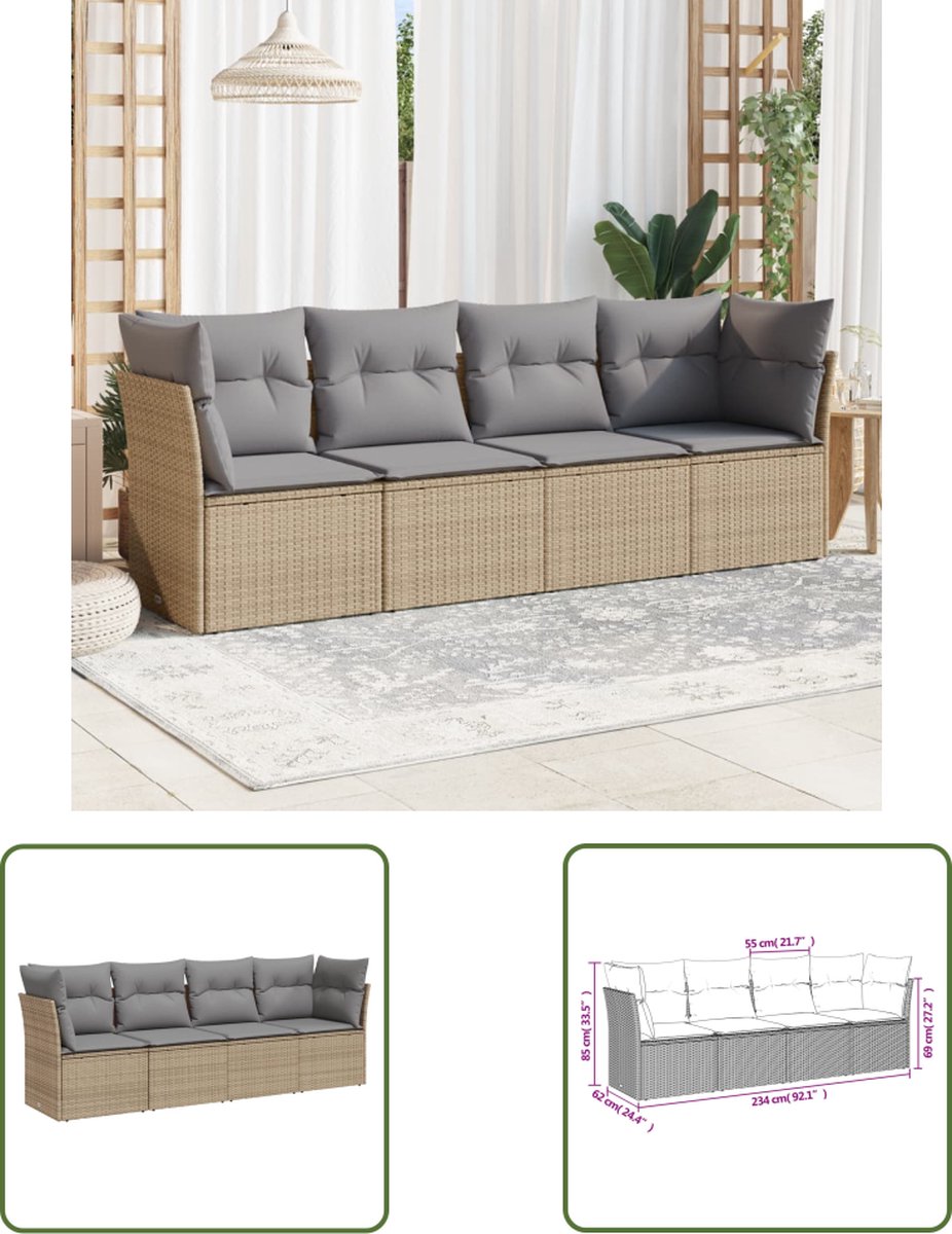 Loungeset van poly rattan in beige met kussens - Tuinmeubilair.