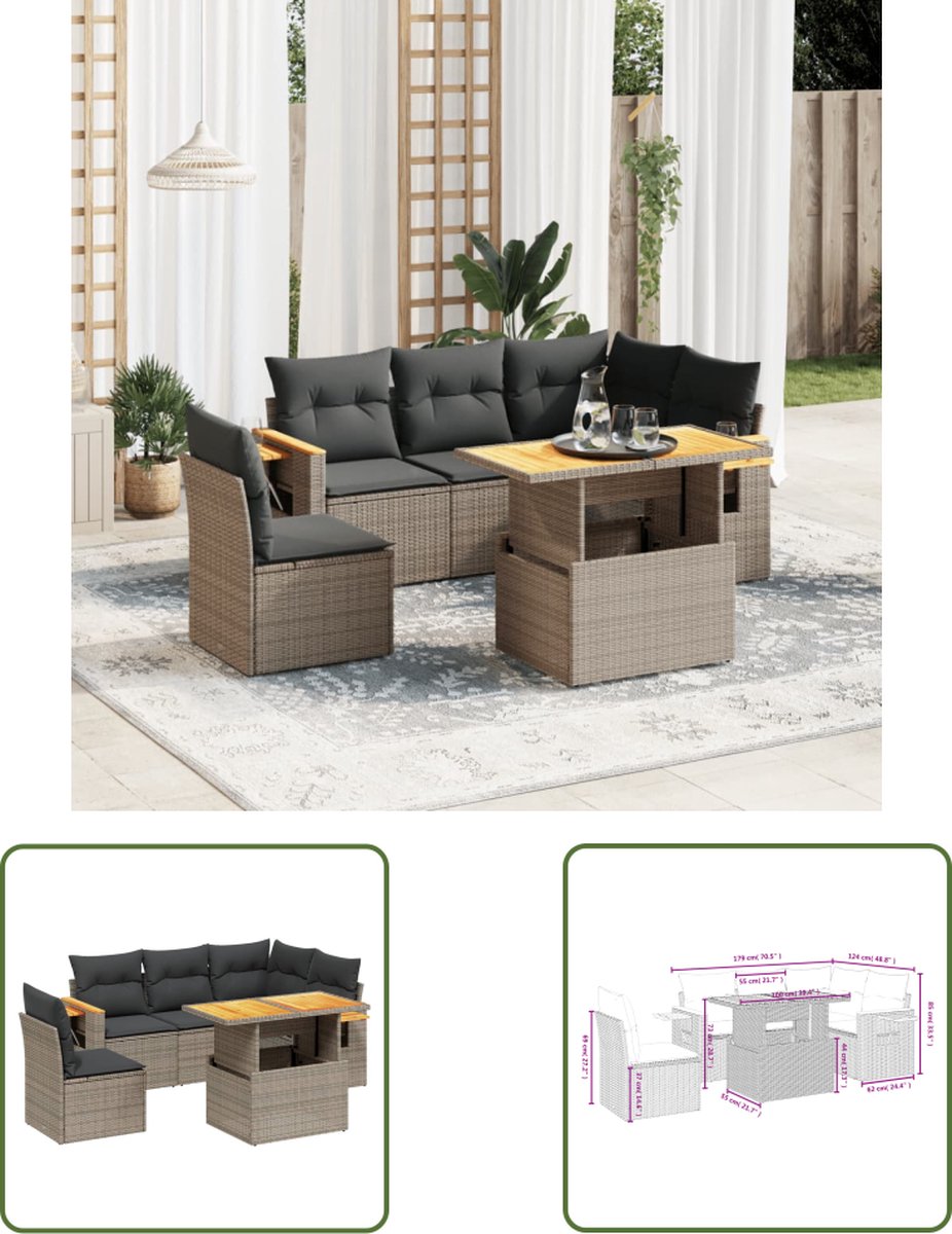 The Living Store 6-delige Loungeset met kussens poly rattan grijs - Loungeset - Tuinlounge - Lounge Set - Buitendrankje - Outdoor Living