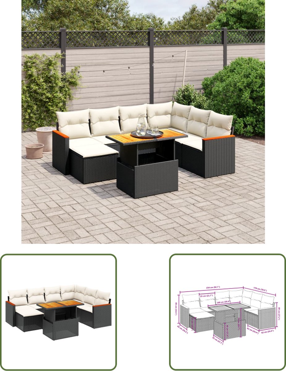 The Living Store 8-delige Loungeset met kussens poly rattan zwart - Loungeset - Tuinmeubels - Lounge Set - Buitendecoratie - Outdoor Furniture