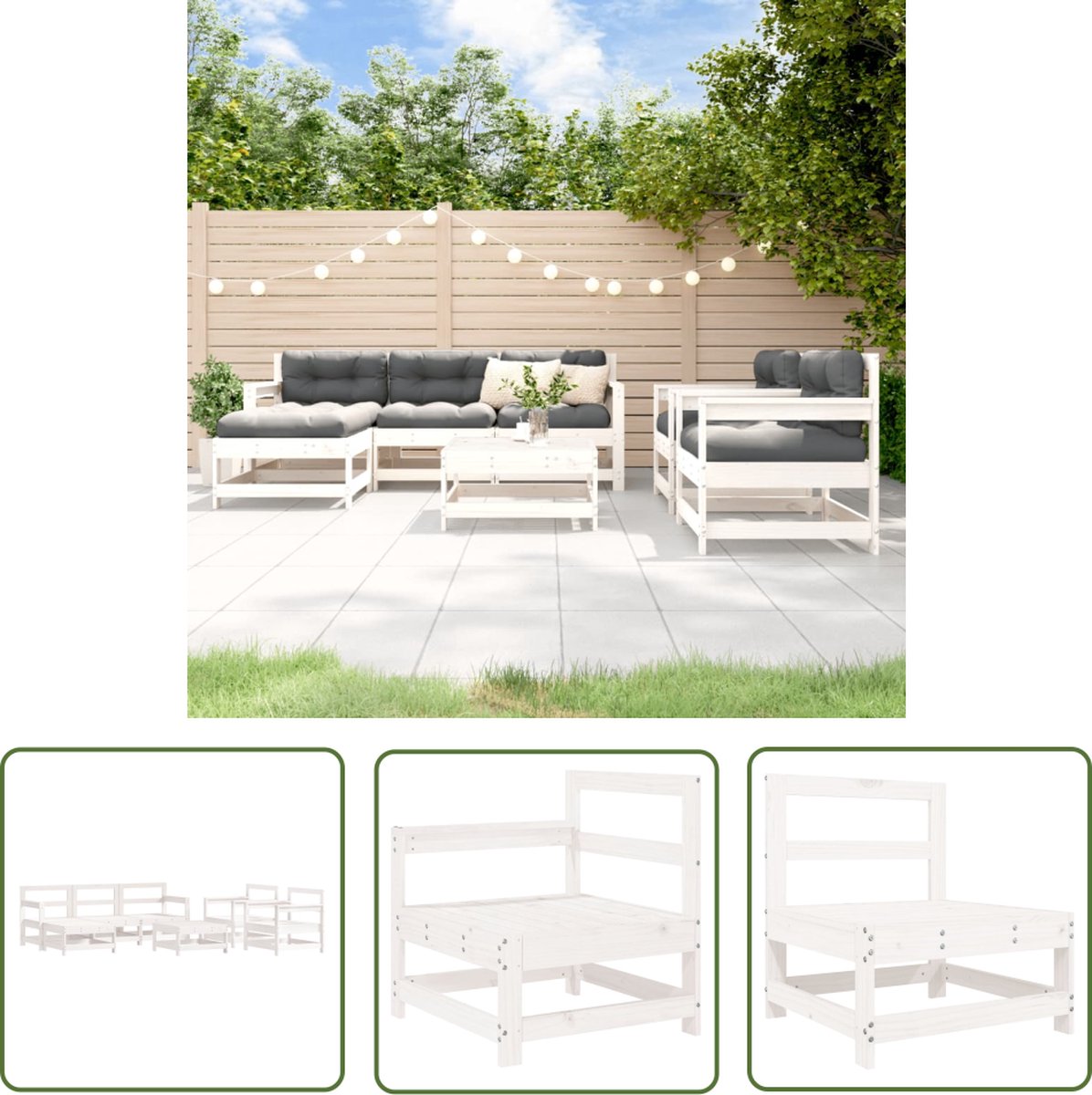 The Living Store 7-delige Loungeset massief grenenhout wit - Loungeset - Tuinset - Lounge Bank - Tuinbank - Hout