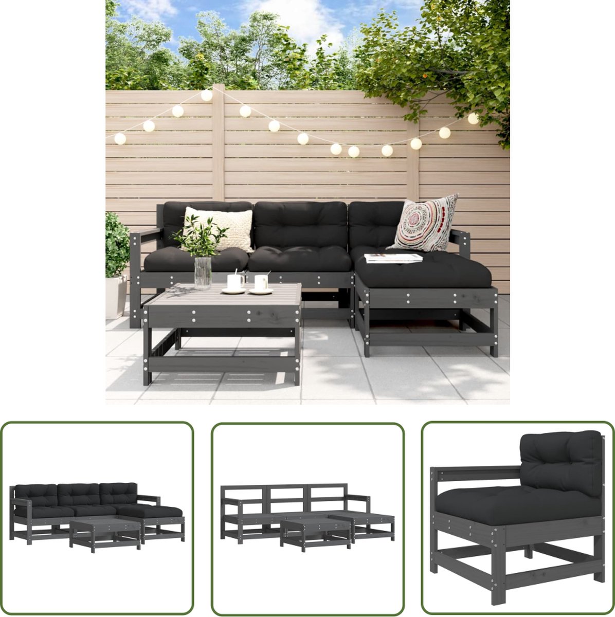 The Living Store 5-delige Loungeset met kussens massief hout grijs - Loungeset - Tuinset - Lounge Bank - Tuinbank - Outdoor Furniture