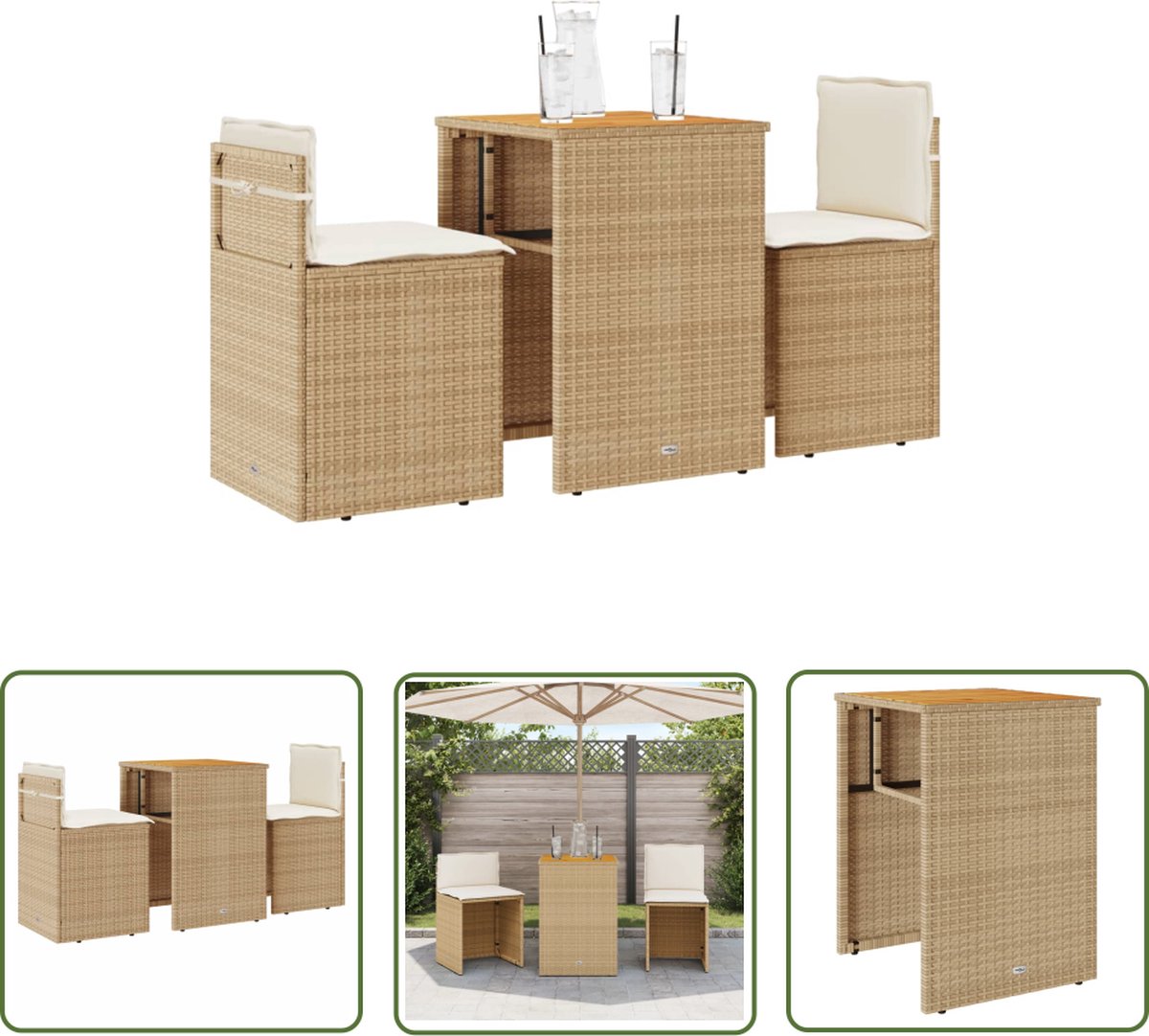 The Living Store 3-delige Bistroset met kussens poly rattan beige - Bistro Set - Tuinmeubel - Buis Meubel - Terrasset - Outdoor Furniture
