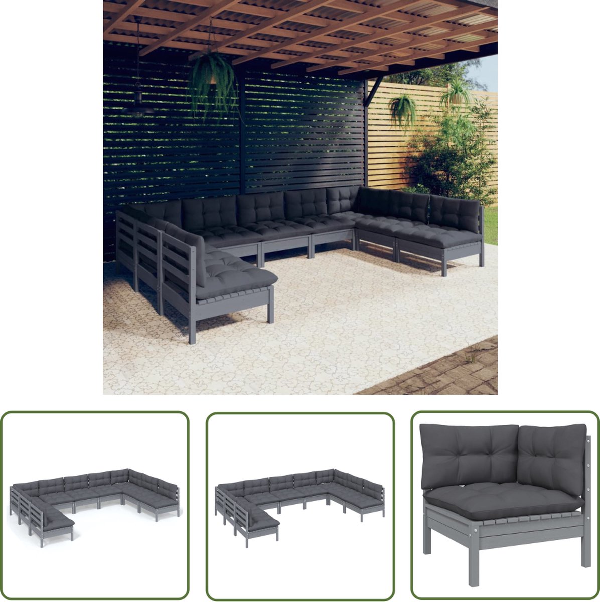 Massief grenenhouten loungeset in grijs met kussens - Tuinmeubel - The Living Store.