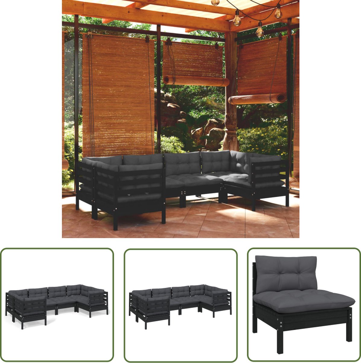 The Living Store 6-delige Loungeset met kussens grenenhout zwart - Loungeset - Tuinmeubels - Hout - Grenenhout - Zwarte Lounge Set
