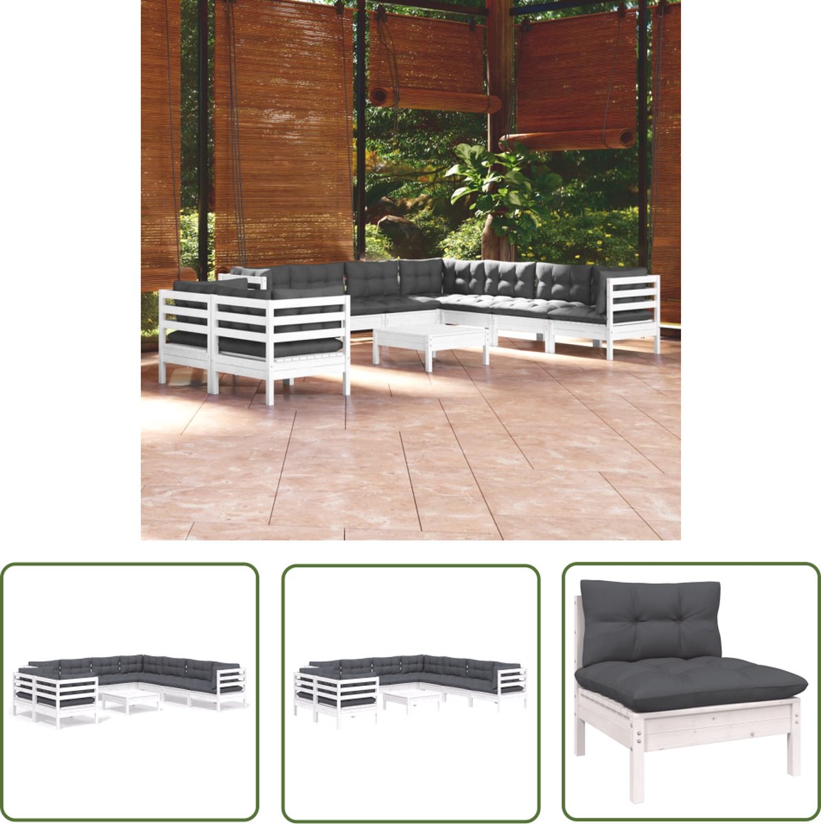 The Living Store 10-delige Loungeset met kussens massief grenenhout wit - Loungeset - Tuinset - Houten Lounge - Grenenhout - Loungebank
