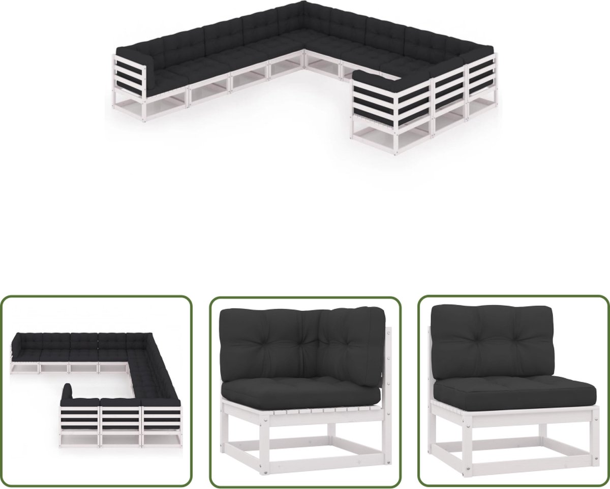 The Living Store 11-delige Loungeset met kussens massief grenenhout wit - Tuinmeubels - Lounge Set - Hoekenbank - Grenenhout - Wit