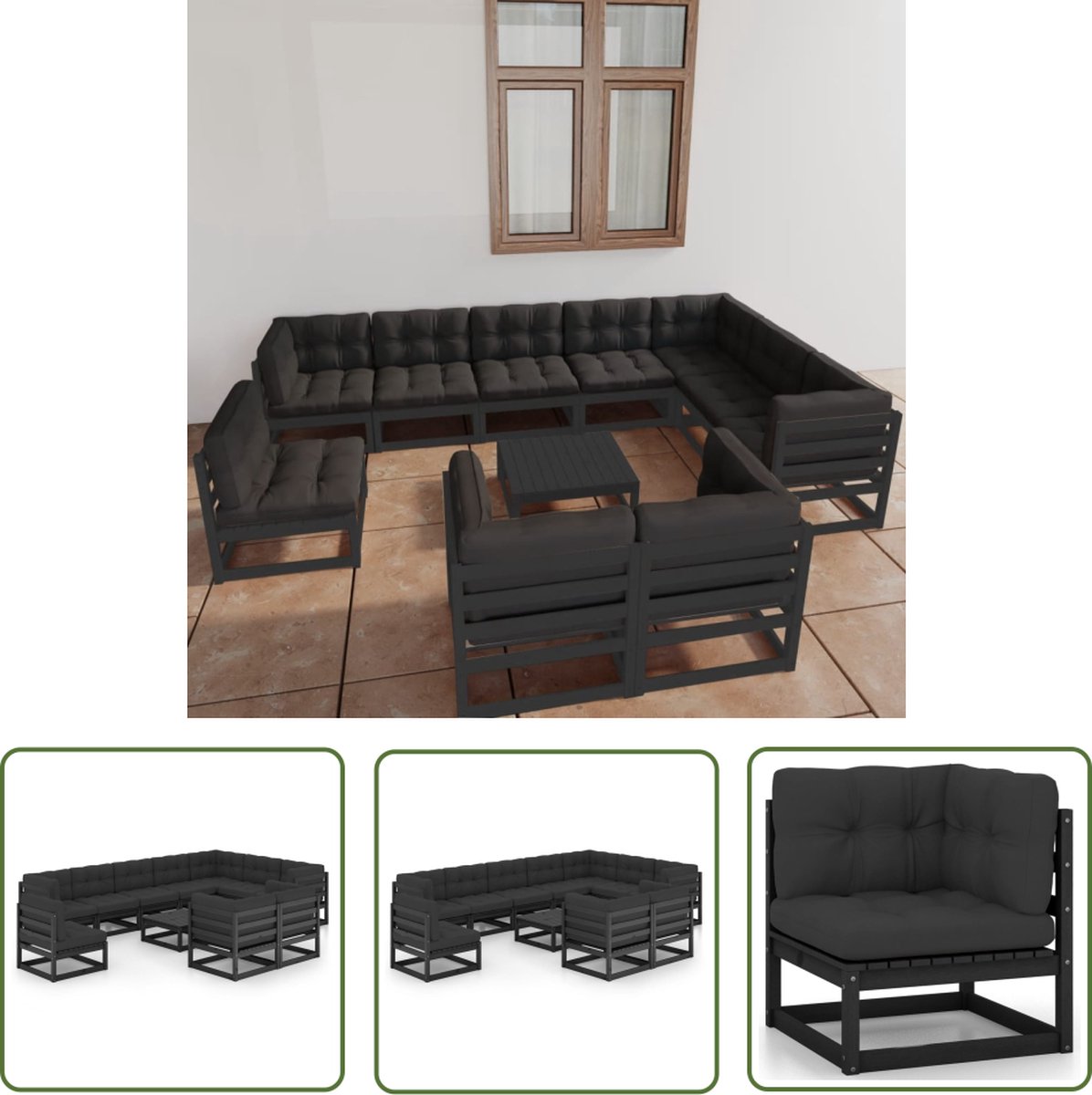 Zwarte loungeset van massief grenenhout met kussens voor tuinmeubilair.