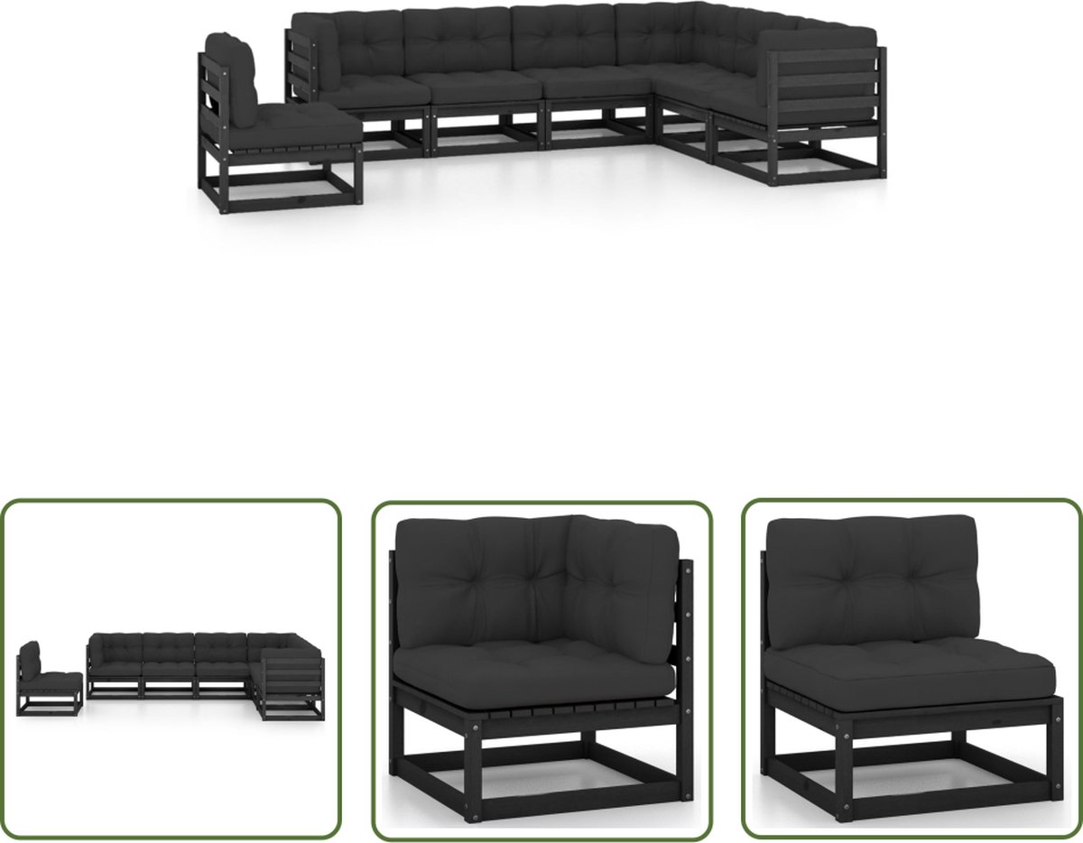 The Living Store 7-delige Loungeset met kussens massief grenenhout zwart - Tuinstoel - Loungestoel - Buitendecor - Houten Stoel - Tuinset