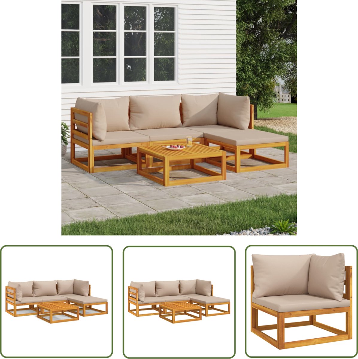 The Living Store loungeset met taupe kussens en massief hout.