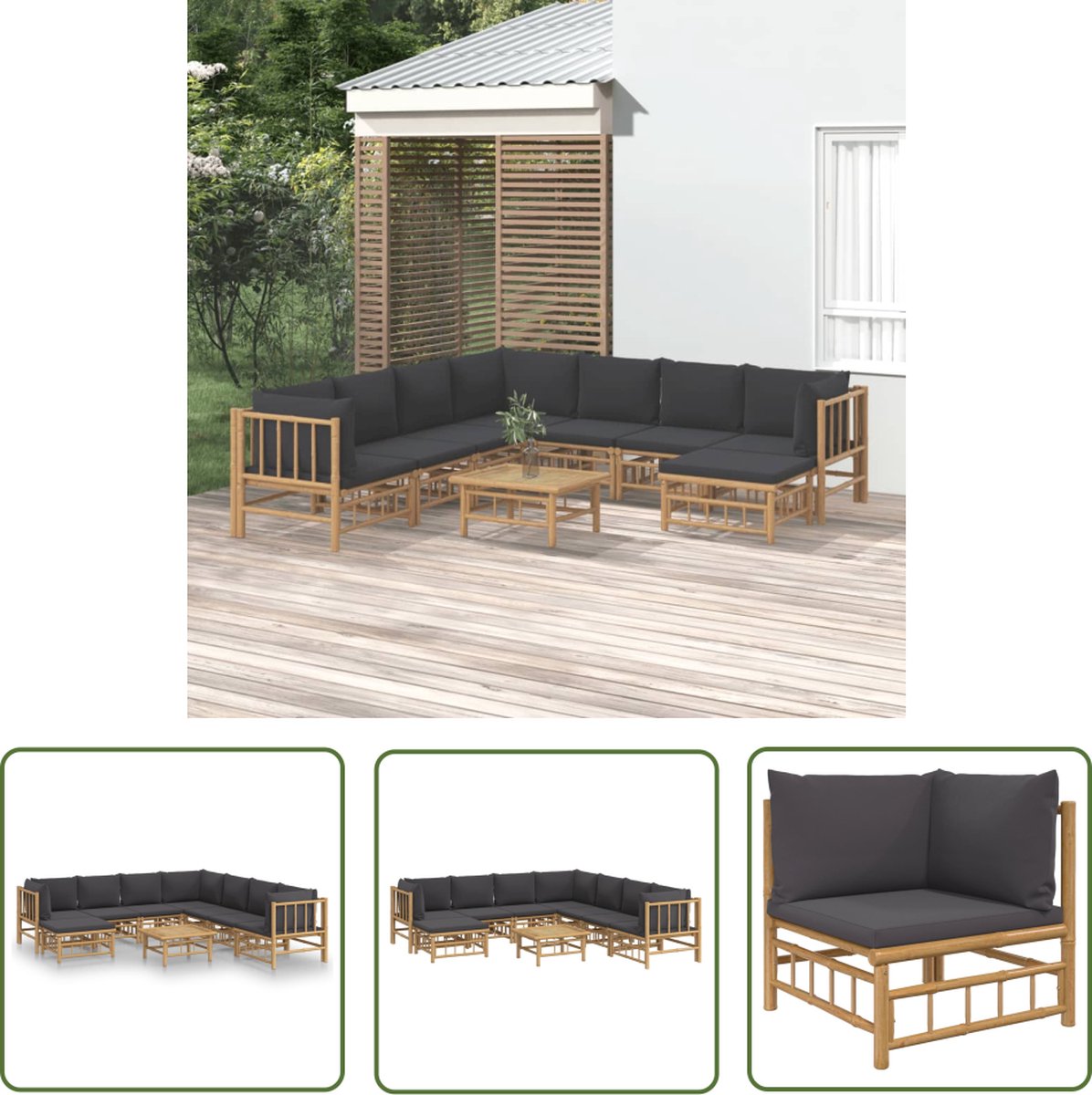 The Living Store 9-delige Loungeset met kussens bamboe donkergrijs - Bamboelounge - Lounge Set - Buitenshuis Wonen - Tuinlounge - Loungebank