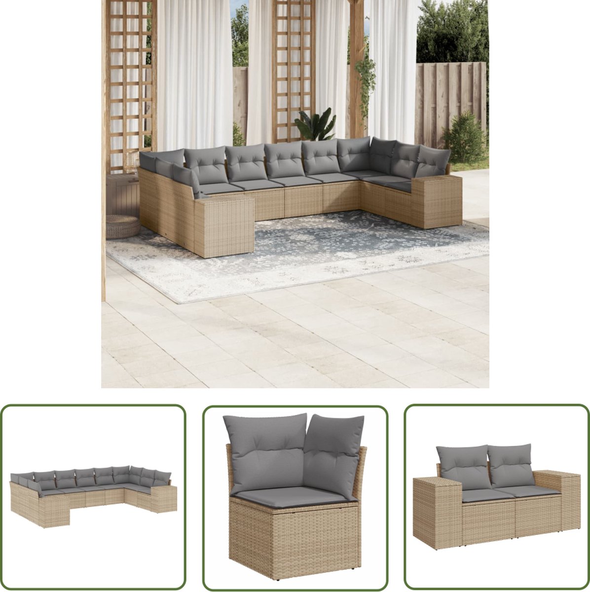 The Living Store 10-delige Loungeset met kussens poly rattan beige - Loungebank - Tuinset - Lounge Set - Buitendecoratie - Garden Furniture The Living Store 10-delige Loungeset met kussens poly rattan beige - Loungebank - Tuinset - Lounge Set - Buitendecoratie - Garden Furniture - Afbeelding 1
