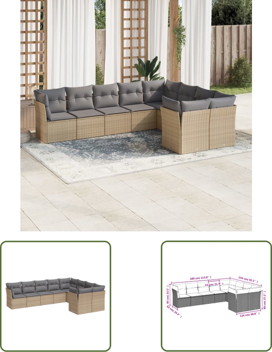 The Living Store 9-delige Loungeset met kussens poly rattan beige - Loungeset - Tuinset - Lounge Bank - Outdoor Furniture - Garden Furniture