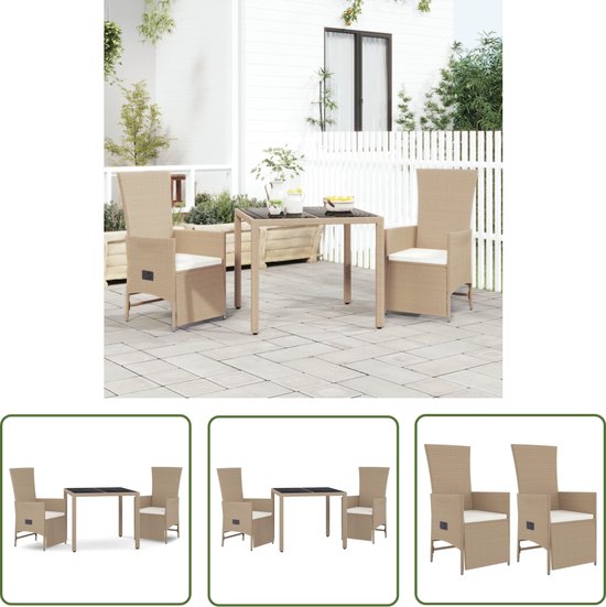 The Living Store Ensemble de jardin Beige - 2x Chaise de jardin réglable - Table 90x90x75cm - Rotin PE