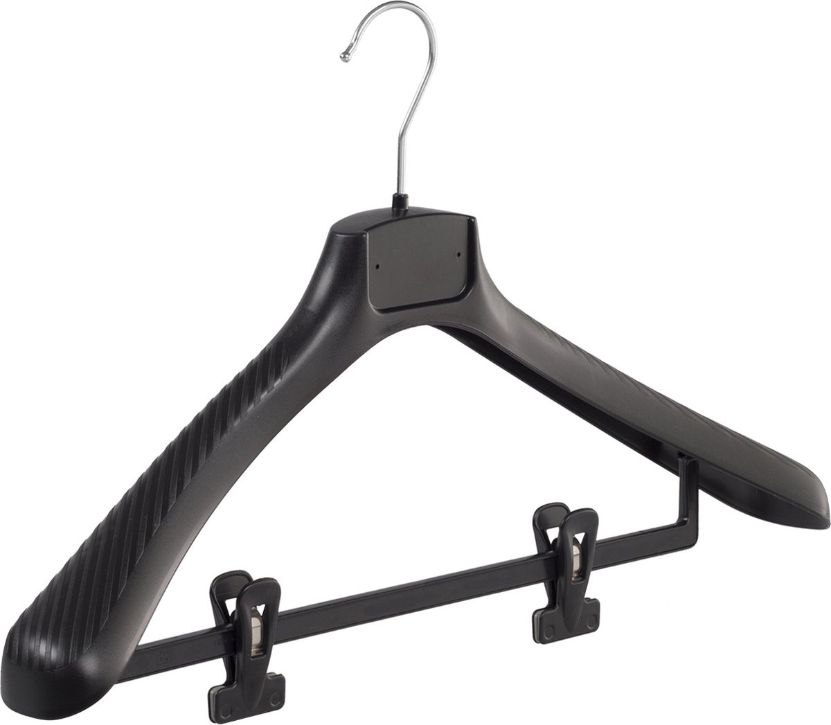 De Kledinghanger Gigant - Mantelhanger - Kostuumhanger - Jassenhanger - Volwassenen - FG48 - 30 Stuks - Kunststof - Zwart - Gebogen Model - Schouderverbreding 6 cm - Anti-slip Knijpers - 48 cm - Kledinghanger - Kleerhanger - FG-Serie (FG48/BC_00/30)