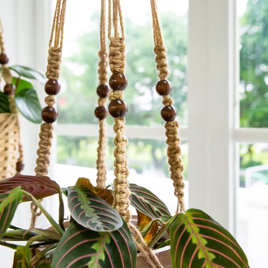 Close-up van macramé plantenhanger met bruine kralen en gestreepte bladeren van een plant.