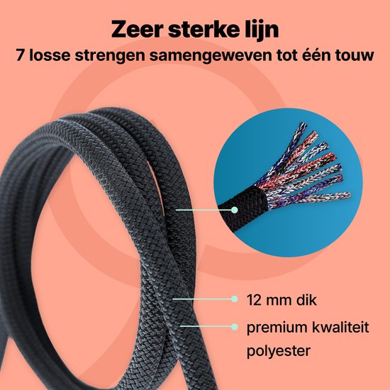 Laisse pour chien noire tressée de 12 mm de diamètre en polyester, avec gros plan des 7 brins.