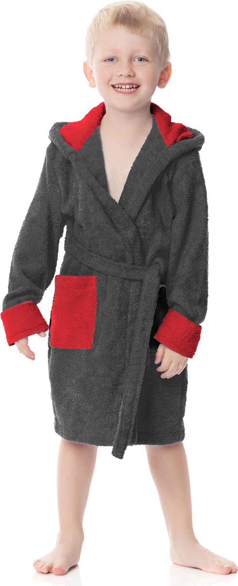 Ladeheid Kinderen Badjas met Capuchon - Wasmachine bestendig - Katoen - Badstof - LA-LA40-103-DG - Graphite/Rot (D07/D10) - 110-116